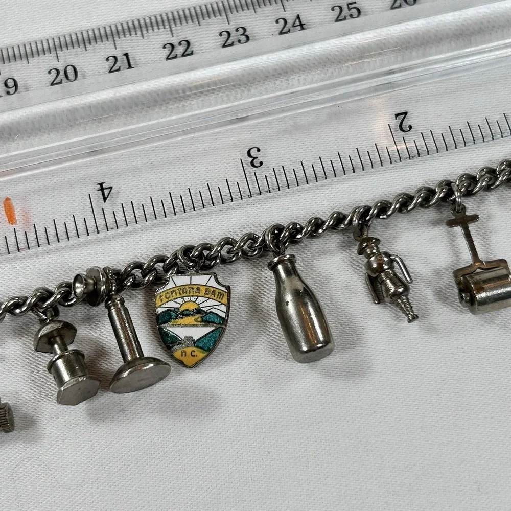 Vintage 1950 Charm Bracelet 11 Charms Travel Themed Silver Tone Clamp Soldier